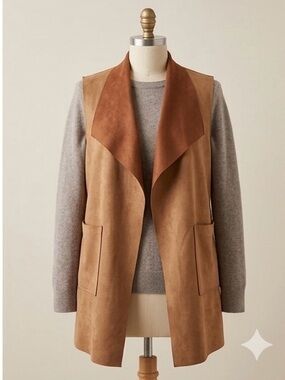 Women’s Suede-Look Open Front Vest in Camel Brown